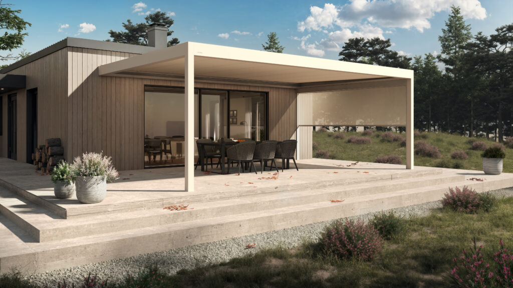 ETS Latinne – Pergola Brustor B310_3D Photo_1 Pergola Brustor B310 installée sur une terrasse devant une maison - Ets Latinne 01
