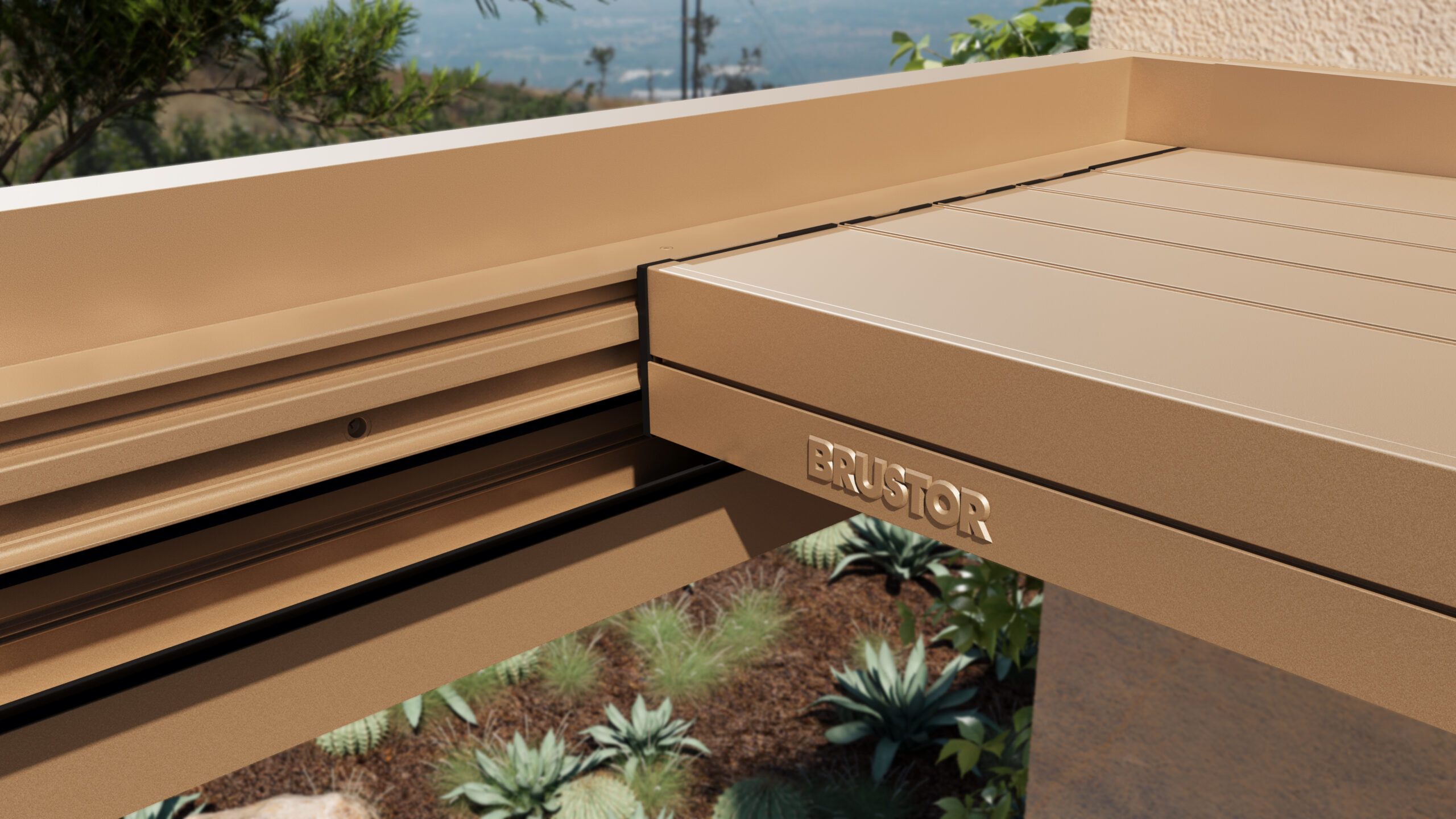 Pergola Brustor B310 installée sur une terrasse devant une maison - Ets Latinne 02