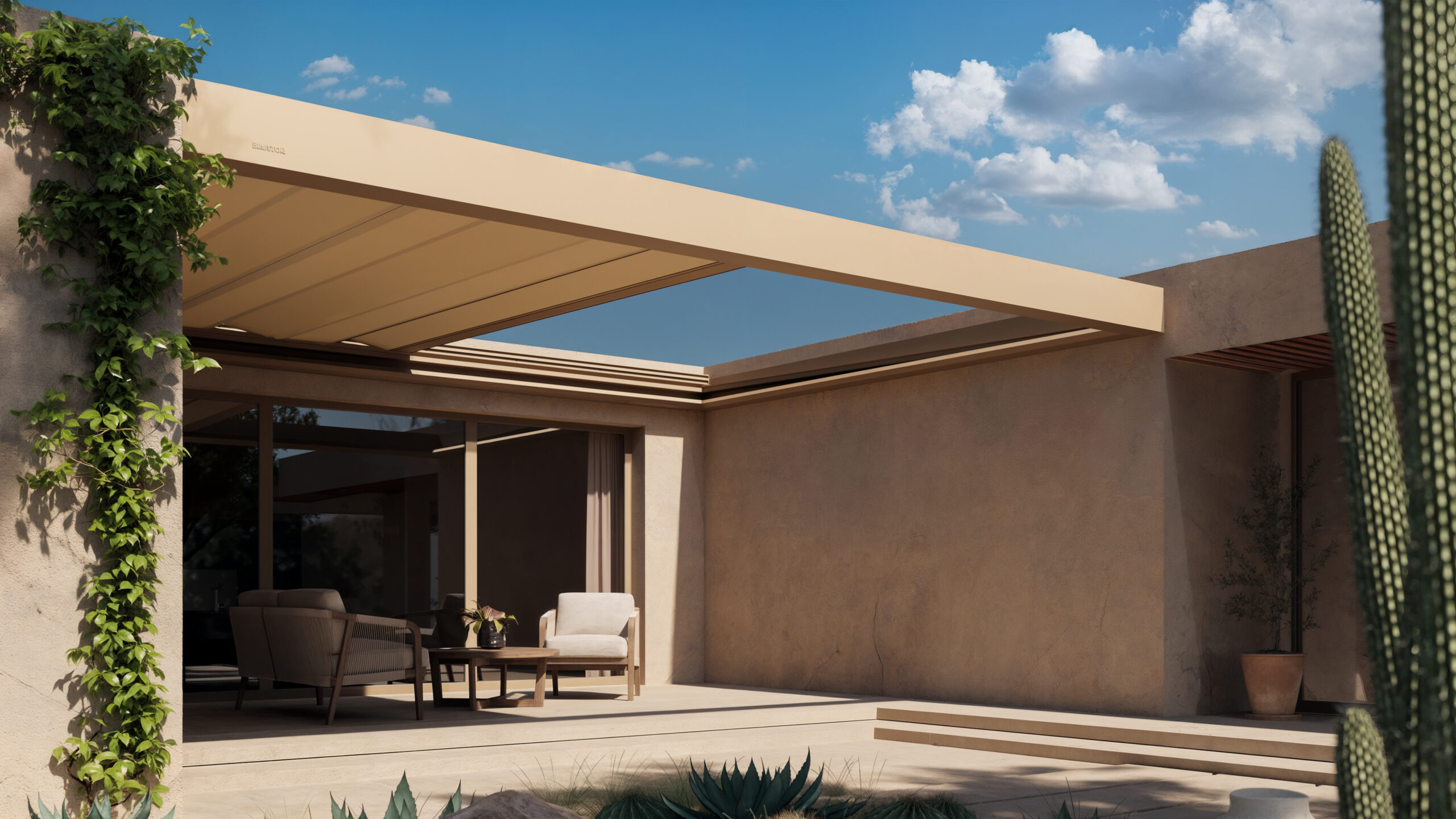 Pergola Brustor B310 installée sur une terrasse devant une maison - Ets Latinne 03