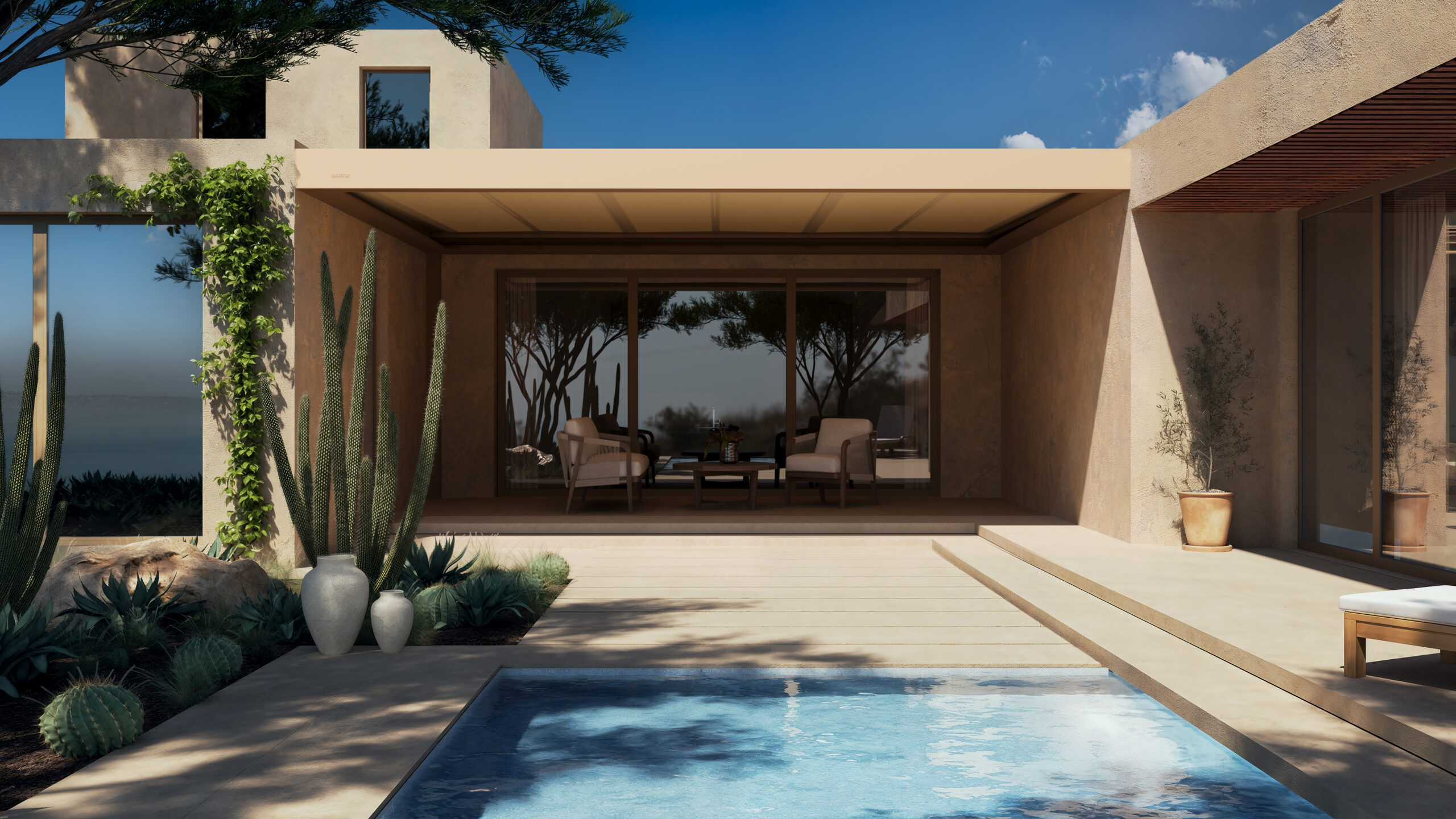 Pergola Brustor B310 installée sur une terrasse devant une maison - Ets Latinne 04